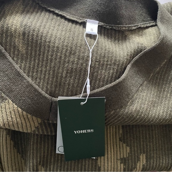 Yohers Olive Camo Knit V-Neck Fringe Hem Bodycon Dress Midi Camoflauge Small NWT - Picture 10 of 10